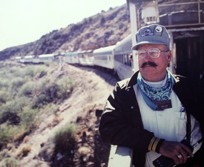 Birth of Verde Canyon Railroad Emerson Wright on Train Early 1990s Birth of Verde Canyon Railroad Emerson Wright on Train Early 1990s