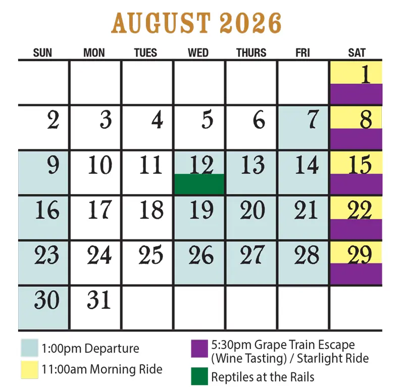 August 2026 Verde Canyon Railroad Train Schedule