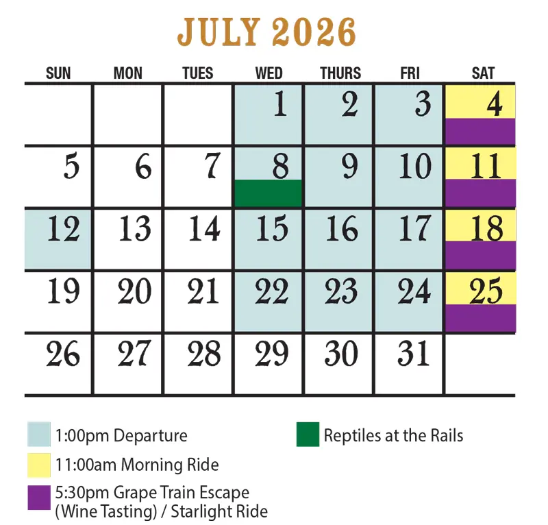 July 2026 Verde Canyon Railroad Train Schedule