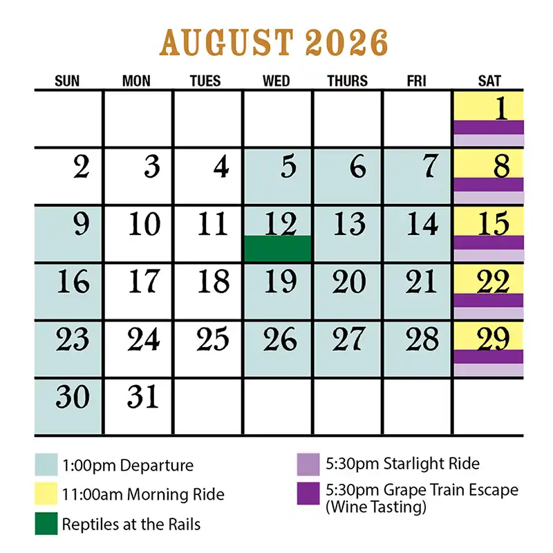 August 2026 Verde Canyon Railroad Train Schedule